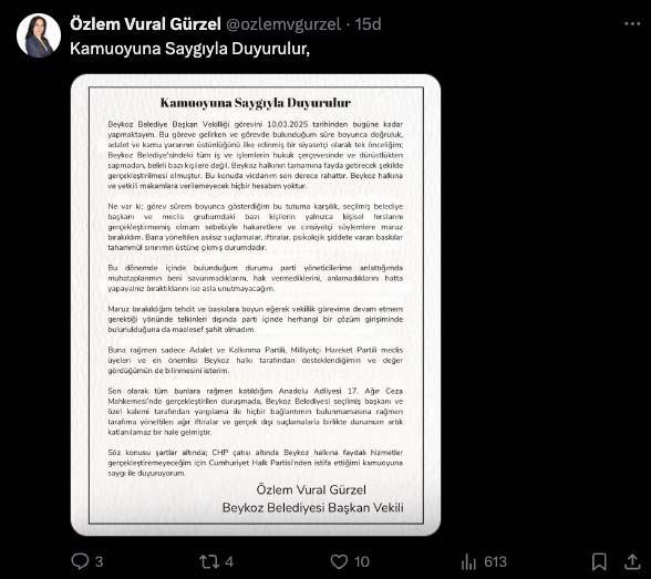 Beykoz Belediye Başkan Vekili, CHP'den istifa etti: 'AK Parti ve MHP'den destek gördüm'