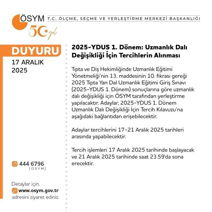 2025-YDUS 1. Dönem Uzmanlık Dalı Değişikliği için terci süreci başladı